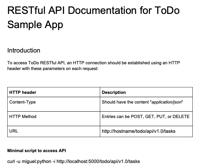 Portion of the documentation for a REST API